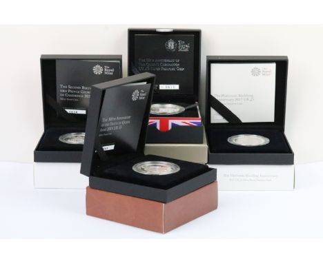 A collection of four Royal Mint Queen Elizabeth II £5 silver proof coins to include 2015, 2014, 2013 and 2017 examples, all e