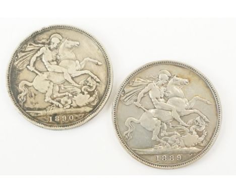 Two British Queen Victoria silver full crown coins to include 1890 and 1889 examples. 
