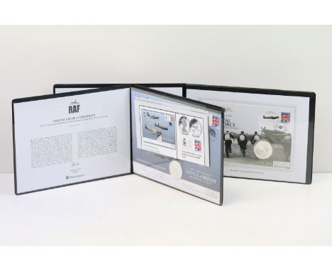 Two silver £5 coin / stamp covers to include the 50th anniversary of 'The Battle of Britian' and the 'Royal Air Force' 90th a