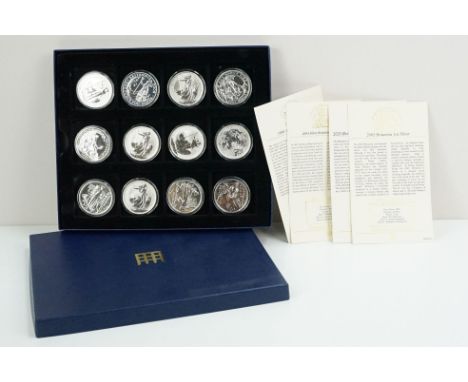 A collection of twelve Royal Mint Queen Elizabeth II United Kingdom fine silver proof 1oz Britannia coins of various dates, a