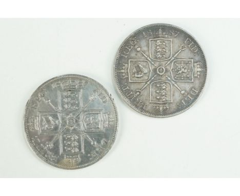 Two British Queen Victoria 1887 silver double florin coins. 