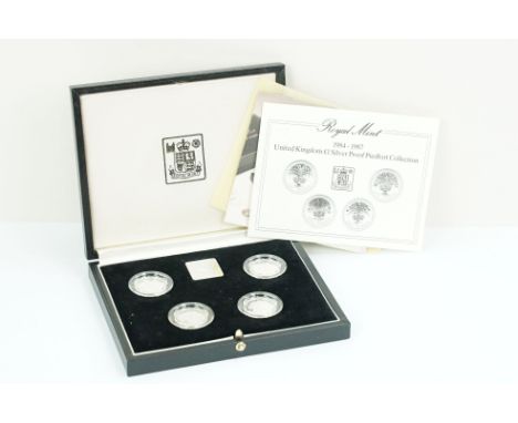 A Royal Mint Queen Elizabeth II 1984-1987 £1 piedfort silver proof four coin set, encapsulated within fitted display case and