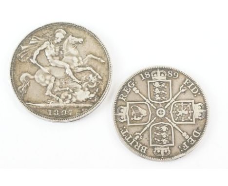 A British Queen Victoria 1889 silver double florin together with a Queen Victoria silver 1897 full crown coin. 