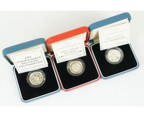 Three Royal Mint United Kingdom silver proof £1 coins to include 1994, 1997 and the 1997 Piedfort examples, all encapsulated 