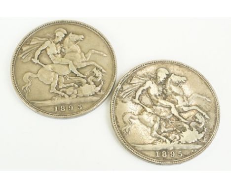 Two British Queen Victoria silver full crown coins to include 1893 and 1895 examples. 