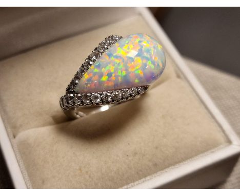 18ct White Gold, Opal and Diamond Teardrop Dress Ring, 7.4g and size O  