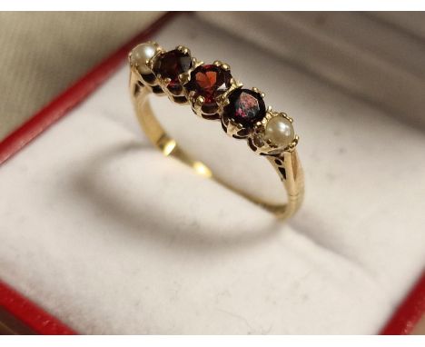 9ct Gold, Garnet &amp; Pearl Half Eternity Ring, size N