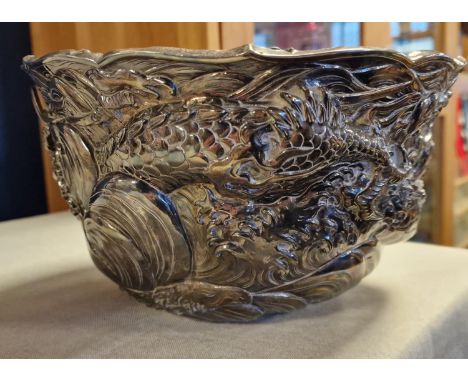 Early Chinese Hallmarked Silver Dragon Detail Serving Bowl - 965g AF