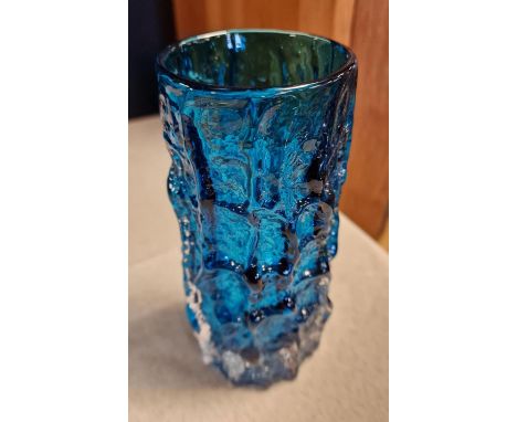 Vintage 1960s Whitefriars Bark Vase in Turquoise Kingfisher Blue - 15.5cm tall