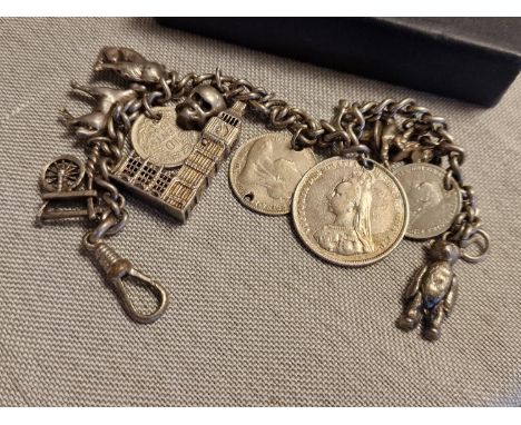 Hallmarked Sterling Silver Charm Bracelet w/ Victorian Coins - total weight 43.1g