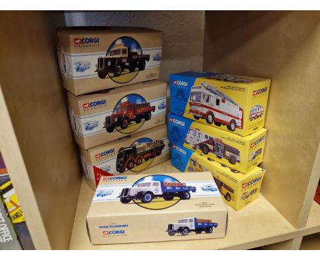 Group of Seven Die Cast Boxed Corgi Trucks inc Soda Truck, Brewery Truck, Atkinson 8 Wheel Eddie Stobart, St Helens Fire Brig