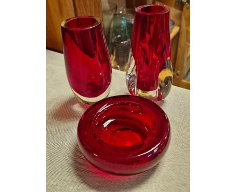 Trio of Vintage Whitefriars Ruby Red Glass Examples inc Controlled Bubble Ashtray