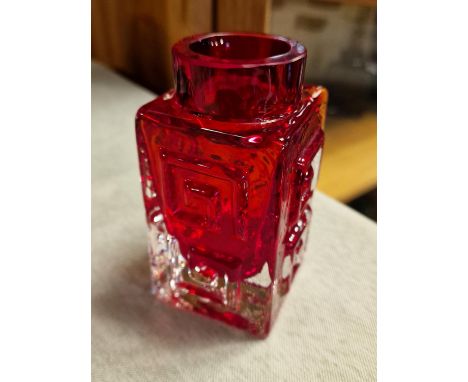 Vintage Small Whitefriars Greek Key Vase in Ruby Red - 11cm tall