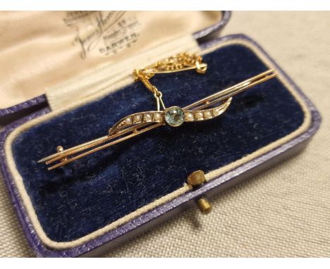 Antique 9ct Gold, Aquamarine and Pearl Pin Brooch