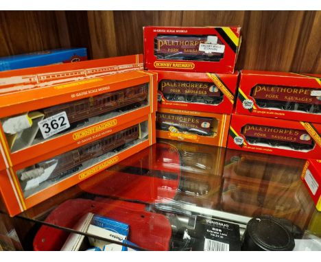 Pair of Hornby Railway Carriages, R.385 LMS Clerestory &amp; Five Palethorpe Pork Sausages Wheel Van - Railway Train Model To