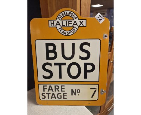 Vintage Orange Metallic Halifax Passenger Transport Bus Stop Advertising Sign with 'Fare Stage No. 7' - 34x44cm