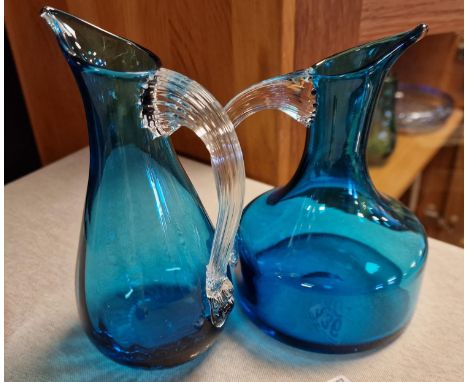 Pair of Vintage Whitefriars England Turquoise Kingfisher Blue Jugs w/ Clear Glass Handles - 17.5cm and 16cm tall