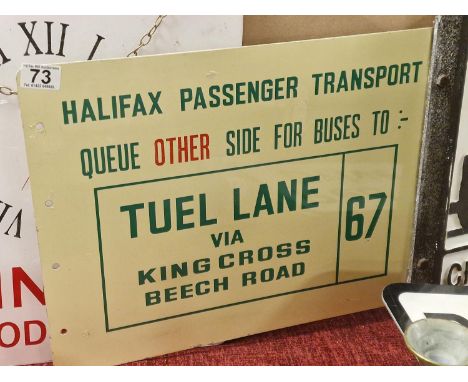 Vintage Metallic Enamel Halifax Passenger Transport 'Tuel Lane via King Cross Route Number 67' Advertising Sign - 38x51cm