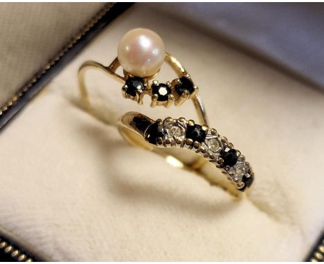 Pair of 9ct Gold &amp; Sapphire Dress Rings inc one Pearl and one Diamond Example - size K and Q+0.5, total weight 2.6g