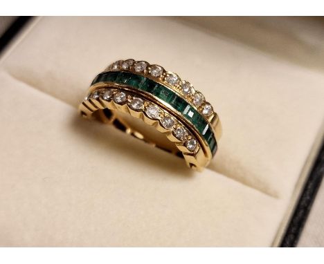 14ct Gold, Emerald, Ruby and Diamond Reversable Designer Dress Eternity Ring, 7.36g, size N