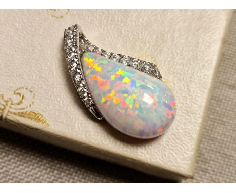 18ct White Gold, Opal and Diamond Teardrop Pendant, 4.96g