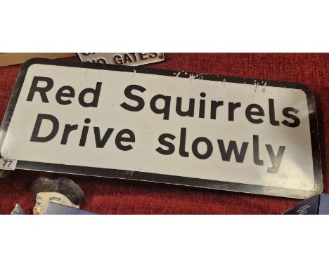 Vintage British Roads Safety Advertising Sign 'Red Squirrels Drive Slowly' - 74x29cm