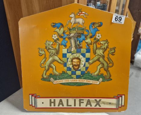 Vintage Metallic Halifax Coat of Arms Transport Advertising Sign - 'Except the Lord, Keep the City', 37x36cm