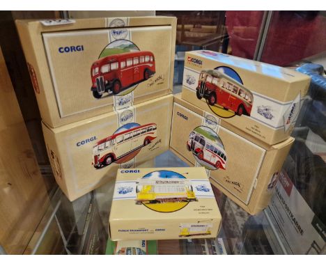 Set of Five Die Cast Corgi AEC Regal Coaches + Tram &amp; Ribble Leyland Coach