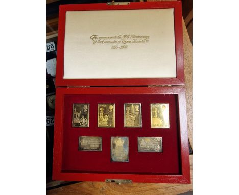 Cased Gilded Sterling Silver Queen Elizabeth II 25th Coronation Anniversary Coin &amp; Ingot Set - 174g