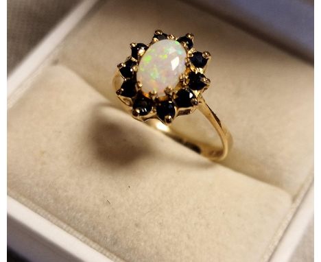 9ct Gold, Opal &amp; Sapphire Cluster Dress Ring, size M+0.5