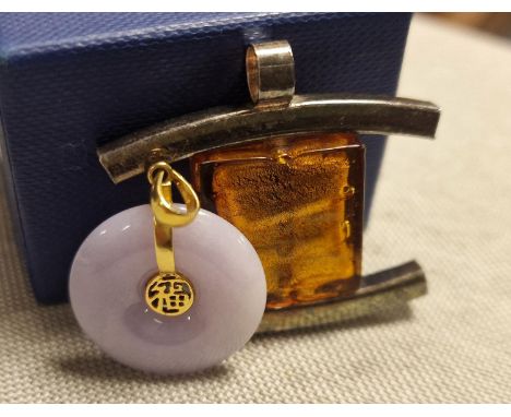Chinese Gold Pendant plus a Silver and Amber Oriental Style Pendant