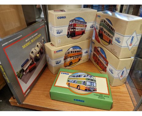 Group of Five Corgi Die Cast Double Decker Buses Transport inc Yorkshire Rider Series + Model Bus Station