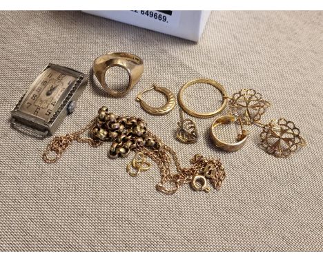 Collection of 9ct Gold Scrap Examples (12.1g total) plus an Art Deco Silver and Marcosite Watch