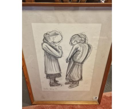 Figural Charcoal Sketch by Gordon Young (1985) in the Style of Parkes Bonnington/Weissbuch - 71x54cm inc frame