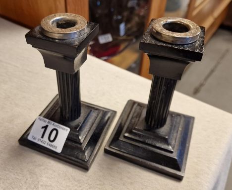 Antique Victorian Ebony Wood and London Hallmarked Silver Pillared Candlesticks - 13cm high