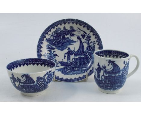 A First Period Worcester trio, comprising cup, tea bowl and saucer, all decorated in the Fisherman and Cormorant pattern, cre