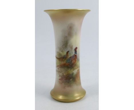 A Royal Worcester spill vase, decorated with a cock and hen pheasant in landscape by Jas Stinton, shape number G923, dated 19