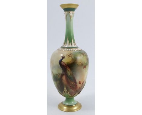 A Royal Worcester pedestal vase, decorated with a peacock on a branch by A Hood, shape number H281, dated 1907, height 7.5ins