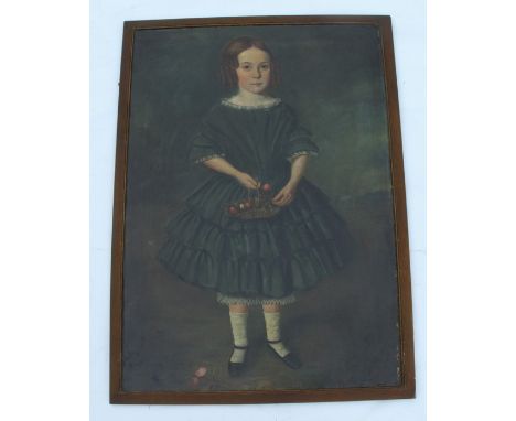 A 19th century English School oil on canvas, full length portrait of a young girl holding a basket of flowers, 38ins x 26.5in