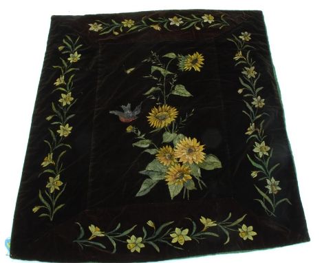 A Victorian velvet single bed spread, painted with flowers and a bird, 51ins x 44ins