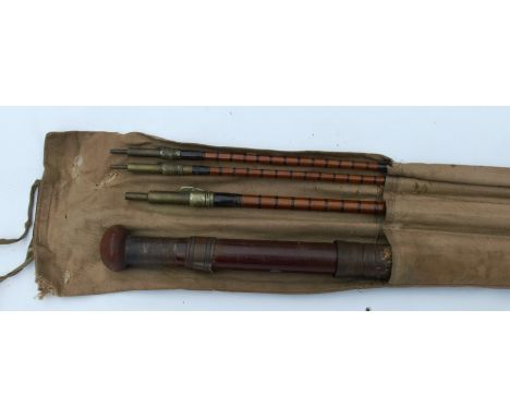 A Pape of Newcastle split cane fly fishing rod, in three sections with two tip sections