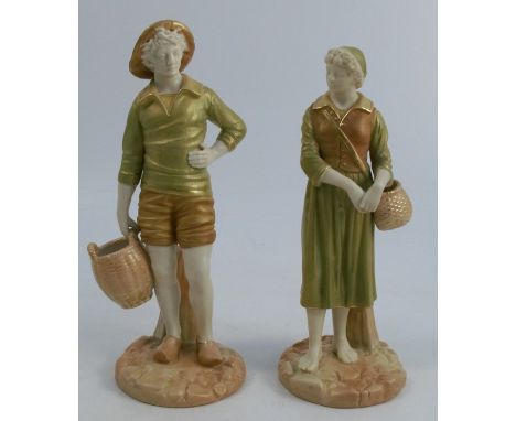 A pair of Royal Worcester shot enamel figures, of French Fisher man and woman, model number 1202, height 8.5insCondition Repo