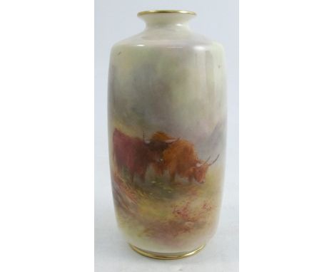 A Royal Worcester vase, decorated with Highland cattle in landscape by H Stinton, shape number 2597, dated 1917, height 5insC