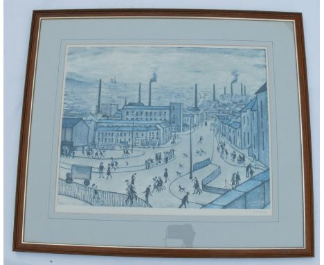 A signed Lowry print, Huddersfield, bearing a label to the reverse for the Bernhardt Gallery, limited edition, published 1974