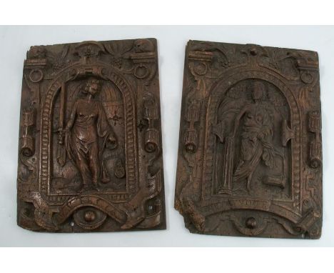 Two Antique oak carved panels, depicting Classical semi naked female figures in an arch, with carved borders, each 14.5ins x 
