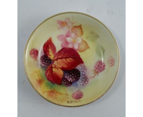 A Royal Worcester pin dish, decorated with autumnal fruits and leaves by K Blake, dated 1937, diameter 3.5insCondition Report