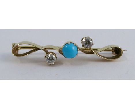 An Edwardian diamond and turquoise brooch, of crossover design showing Art Nouveau influence, unmarked, the two old brilliant