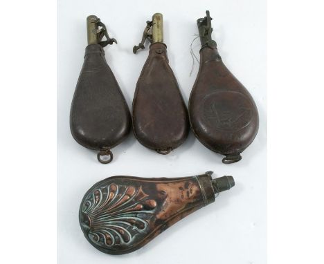 Four 19th century shot flasks, three in leather, one of which with embossed hunting scene and the fourth in copper with embos