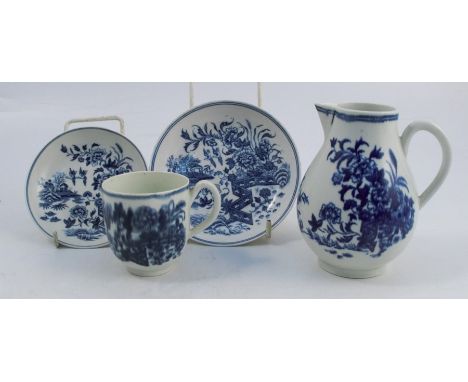 Four pieces of First Period Worcester, all decorated in the Fence pattern, comprising a sparrow beak jug, height 5ins, a smal