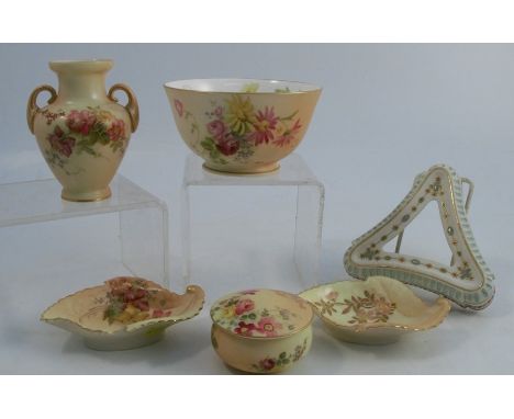 Five pieces of Royal Worcester blush ivory, to include a two similar leaf dishes, a covered circular pot, a bowl monogrammed 